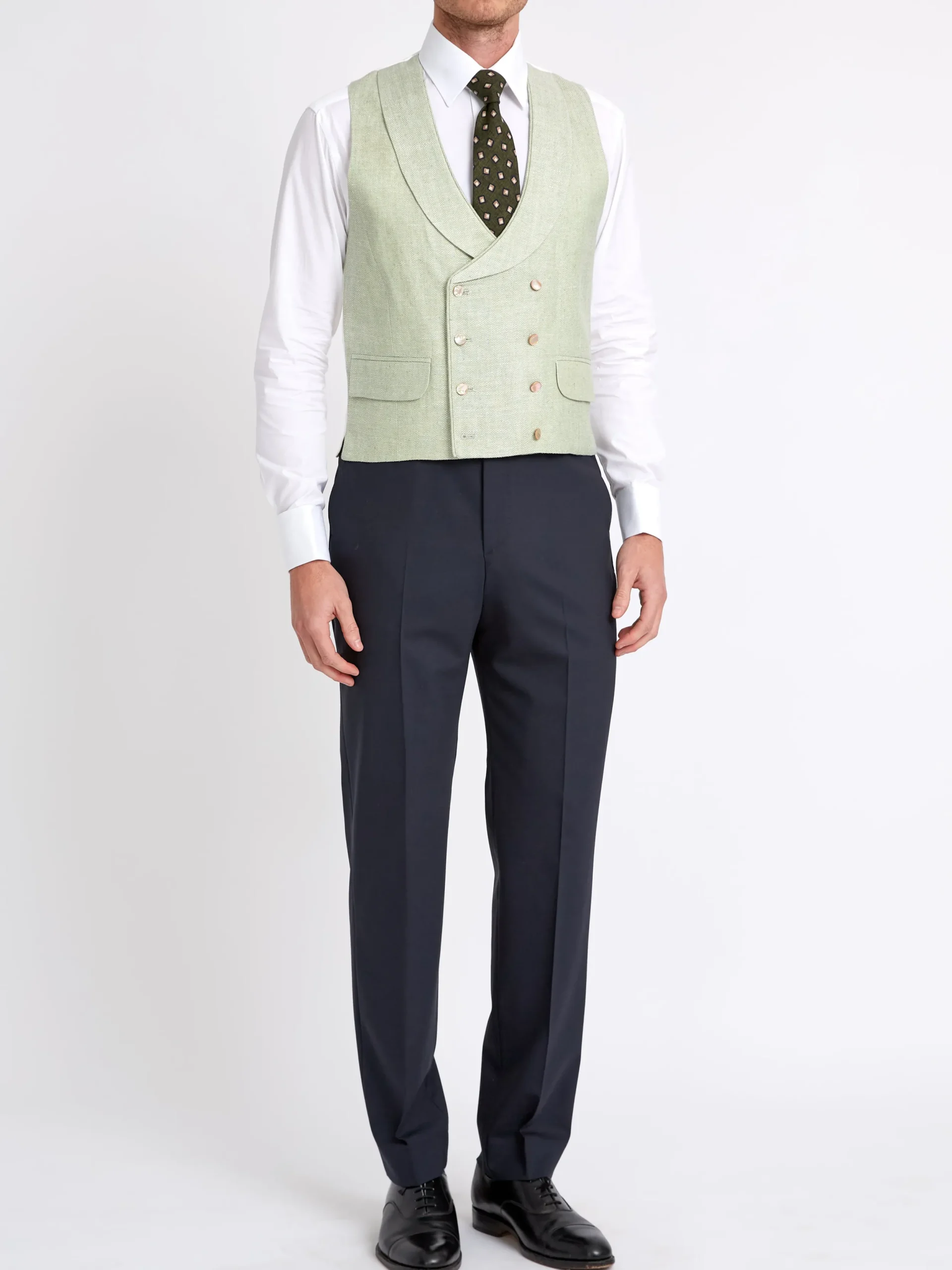 Favourbrook Sage Green Randwick Double Breasted 8 Button Shawl Lapel Piped Waistcoat- Royal Ascot | Wedding Attire