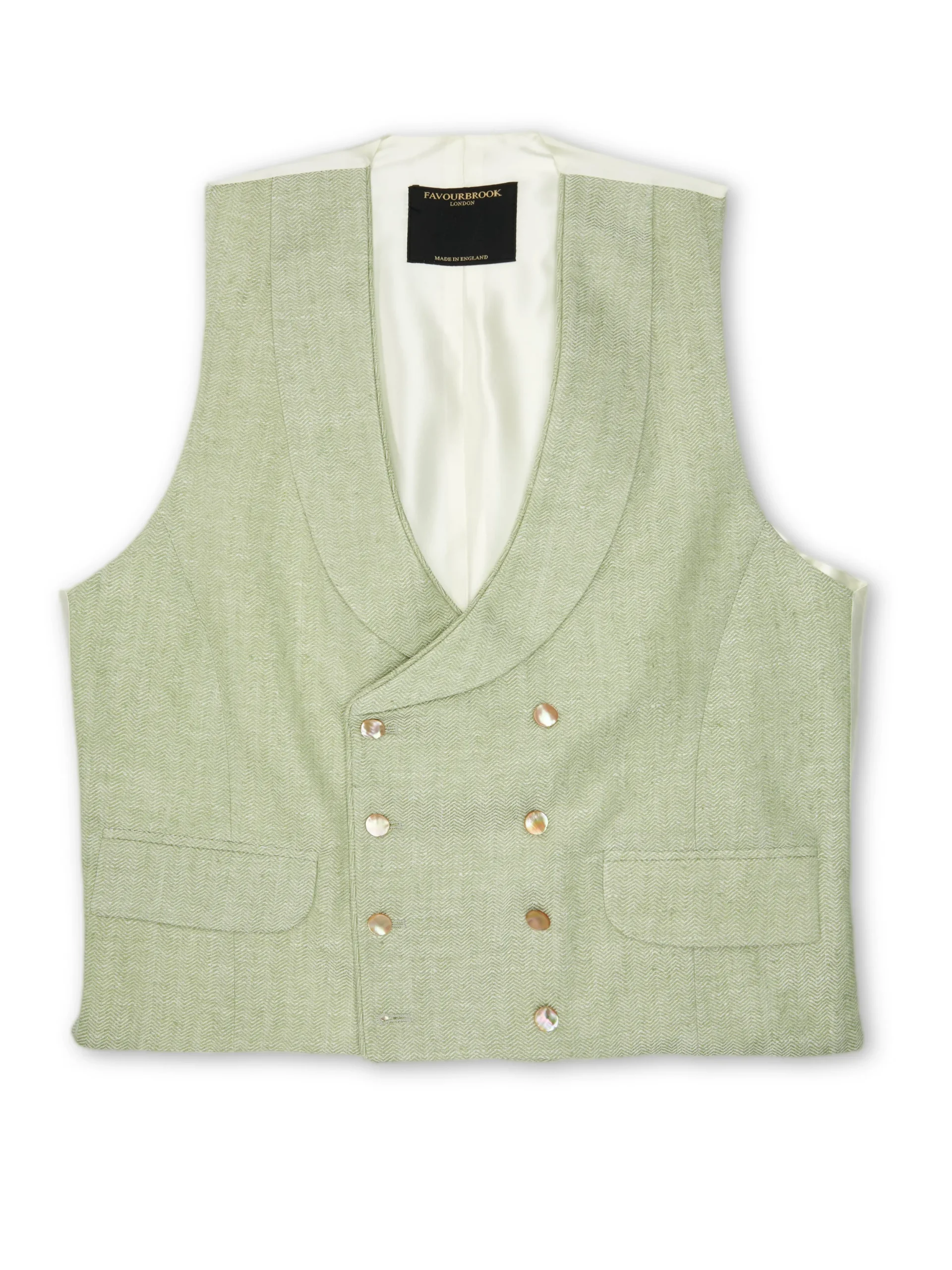 Favourbrook Sage Green Randwick Double Breasted 8 Button Shawl Lapel Piped Waistcoat- Royal Ascot | Wedding Attire