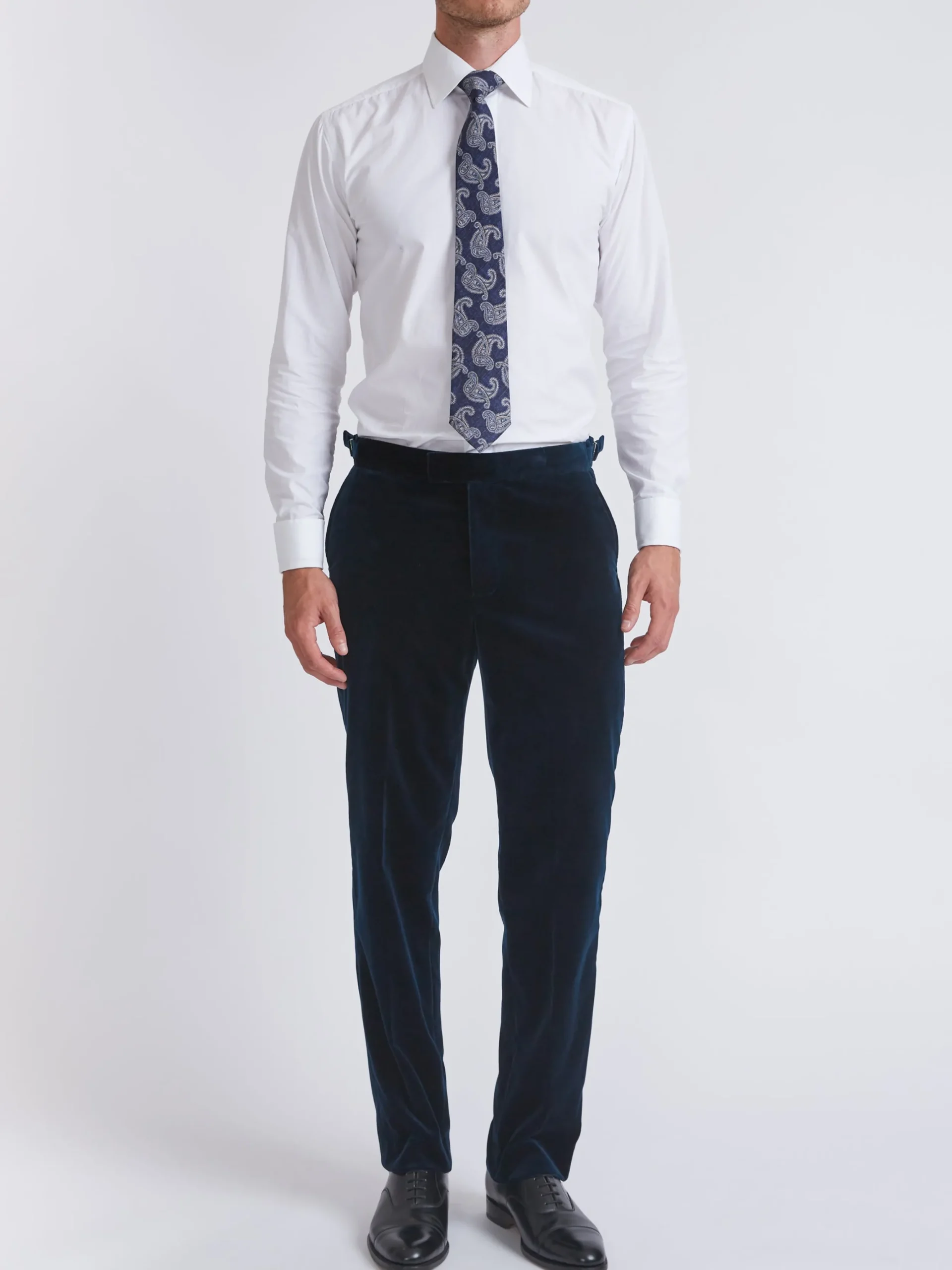 Favourbrook Sapphire Blue Velvet Cotton Flat Front Dress Trousers- Eveningwear | Trousers