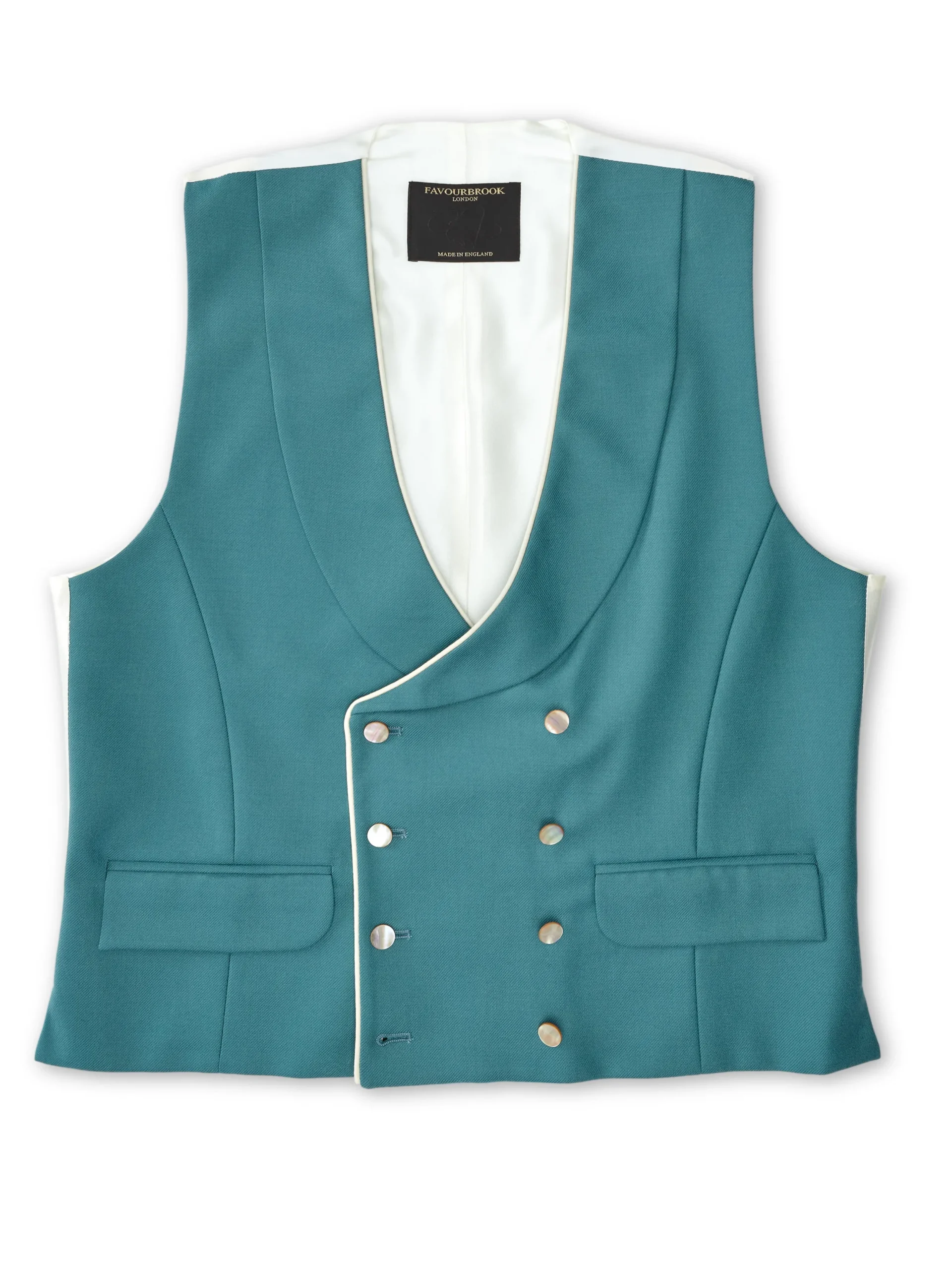 Favourbrook Sea Green Wool Double Breasted 8 Button Shawl Lapel Piped Waistcoat- Waistcoats | Shawl Lapel Waistcoats