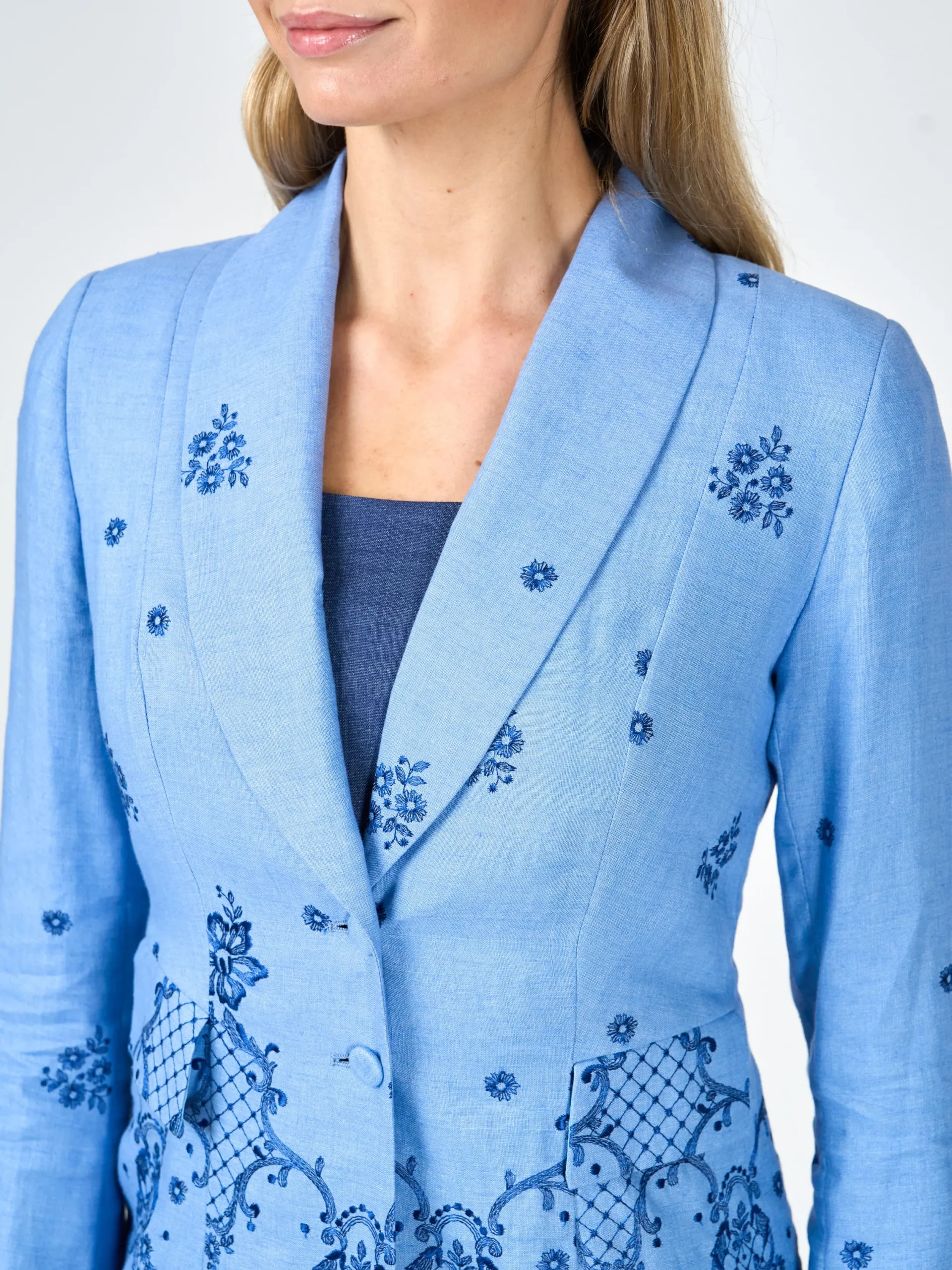 Favourbrook Shawl Collar Eton Coat Pale Blue Landsdowne Crease Resist Linen-Women Jackets & Coats