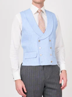 Favourbrook Sky Blue Evering Linen Double Breasted 8 Button Shawl Lapel Piped Waistcoat- Waistcoats | Royal Ascot Waistcoats