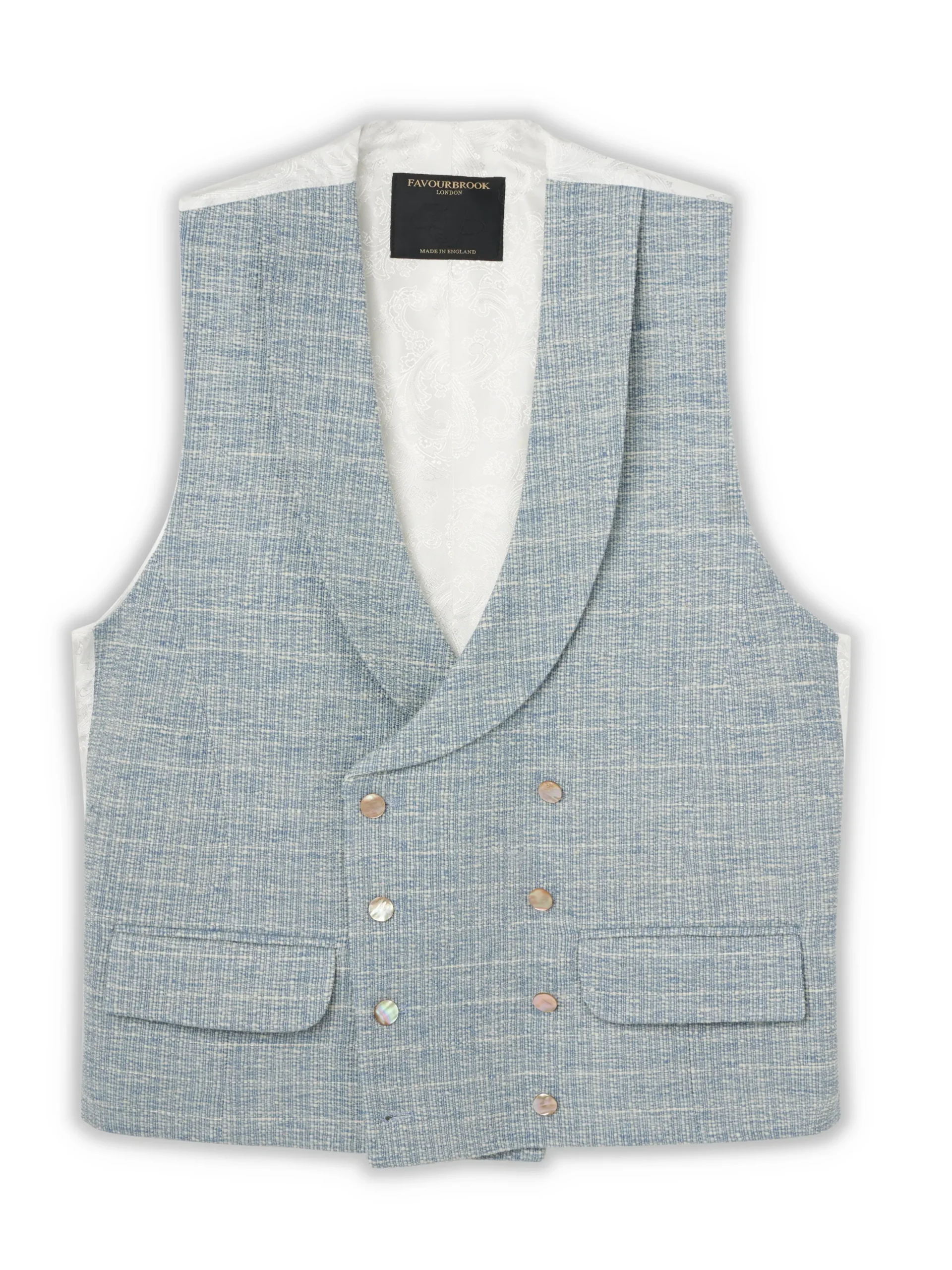 Favourbrook Sky Blue Wetherby Double Breasted 8 Button Shawl Lapel Waistcoat- Waistcoats | Shawl Lapel Waistcoats