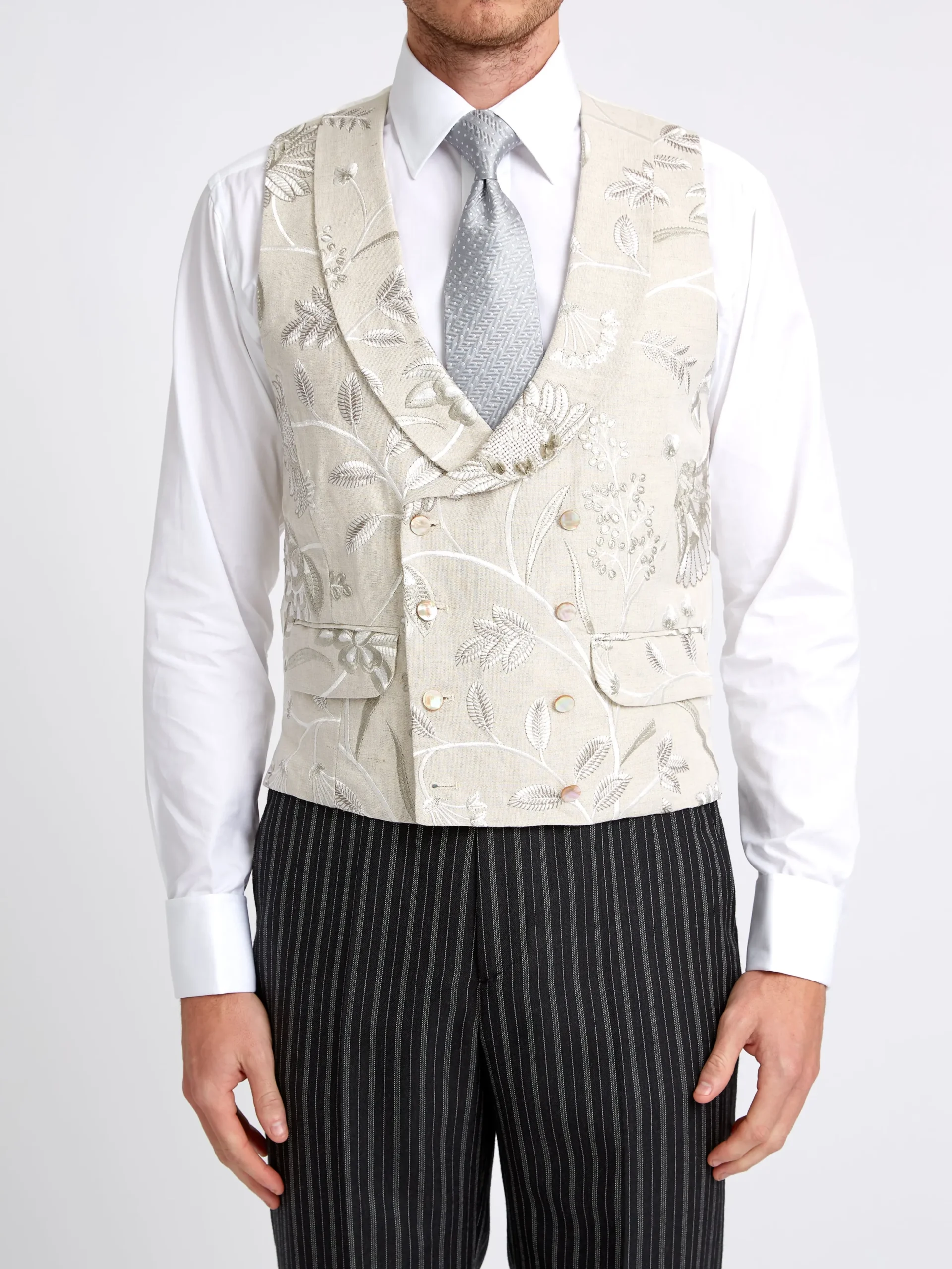 Favourbrook Stone Netherbury Double Breasted 8 Button Shawl Lapel Waistcoat- Waistcoats | Shawl Lapel Waistcoats