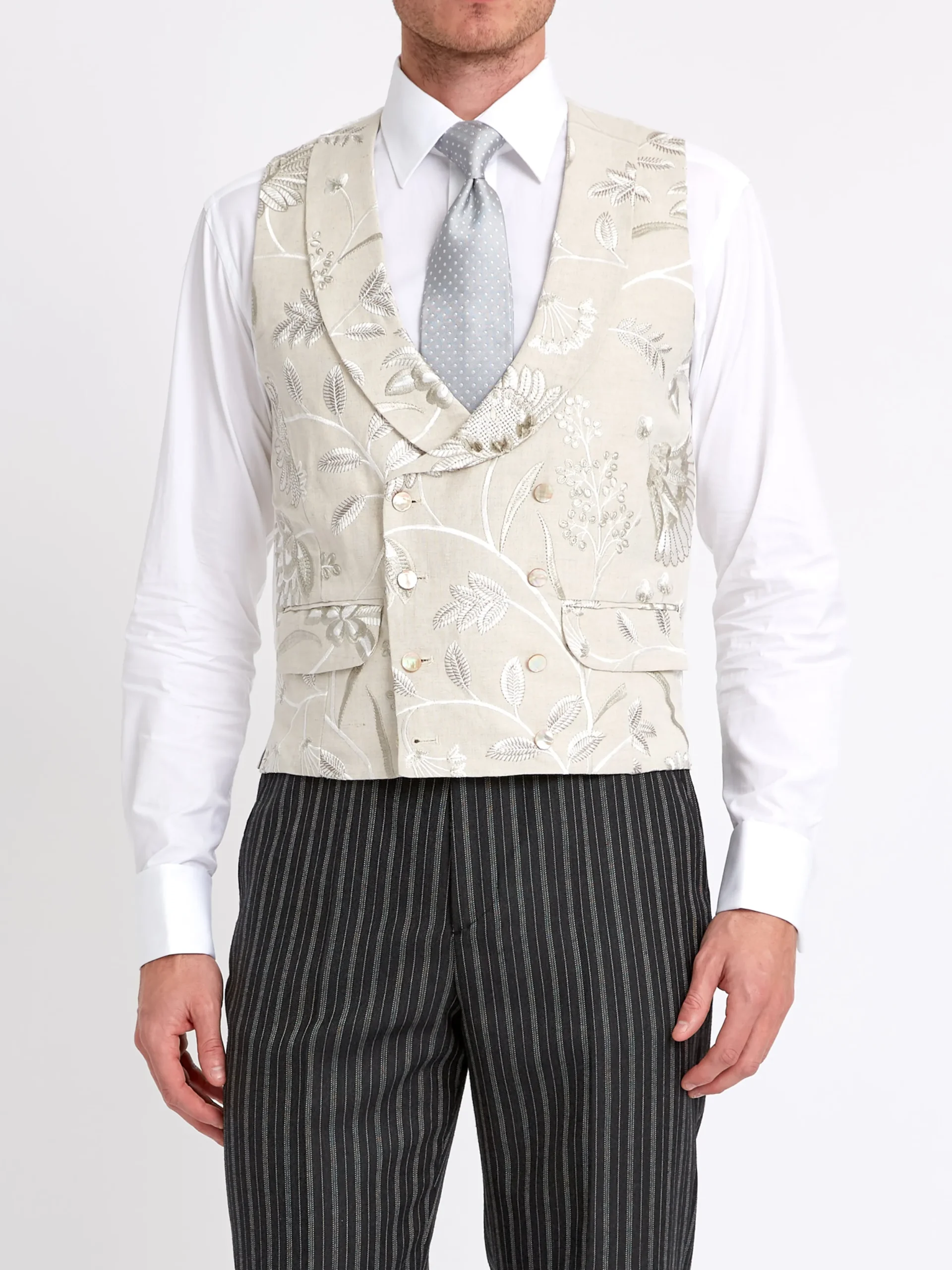 Favourbrook Stone Netherbury Double Breasted 8 Button Shawl Lapel Waistcoat- Waistcoats | Shawl Lapel Waistcoats