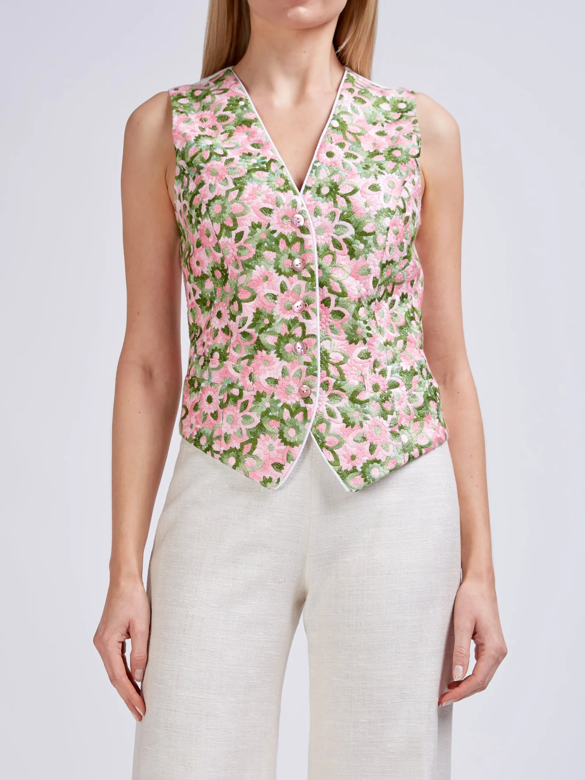 Favourbrook Waistcoat Single Breasted Ivory Multi Athens Cotton-Women Tops & Blouses | Waistcoats