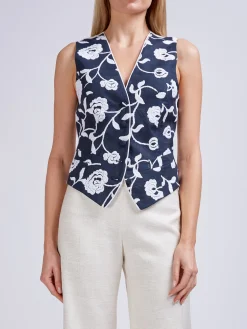 Favourbrook Waistcoat Single Breasted Navy Berlin Linen-Women Tops & Blouses | Waistcoats