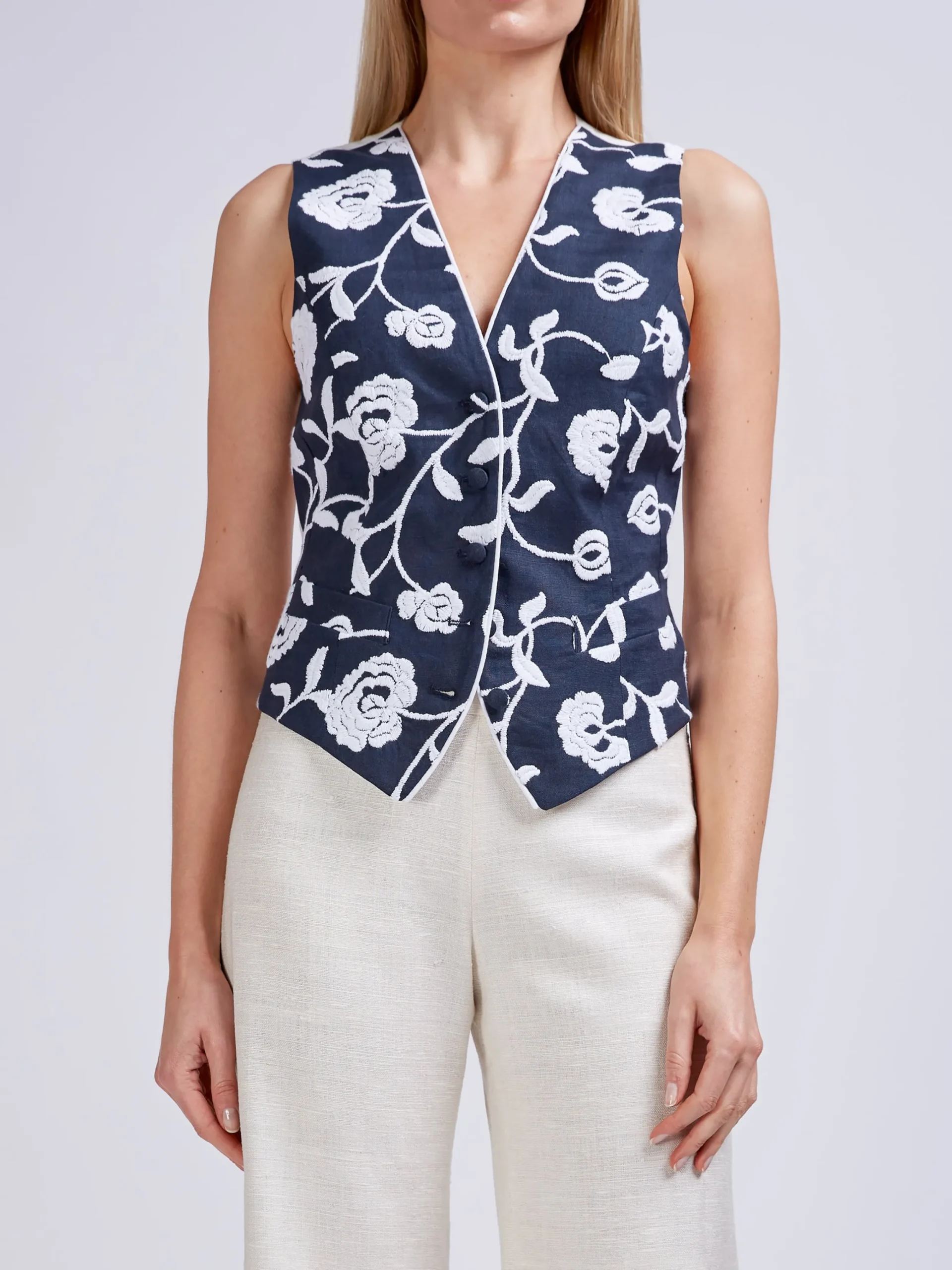 Favourbrook Waistcoat Single Breasted Navy Berlin Linen-Women Tops & Blouses | Waistcoats