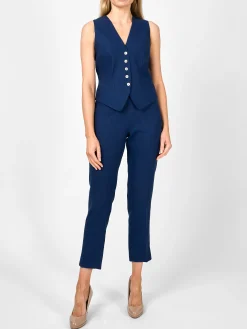 Favourbrook Waistcoat Single Breasted Navy Evering Linen-Women Tops & Blouses | Waistcoats