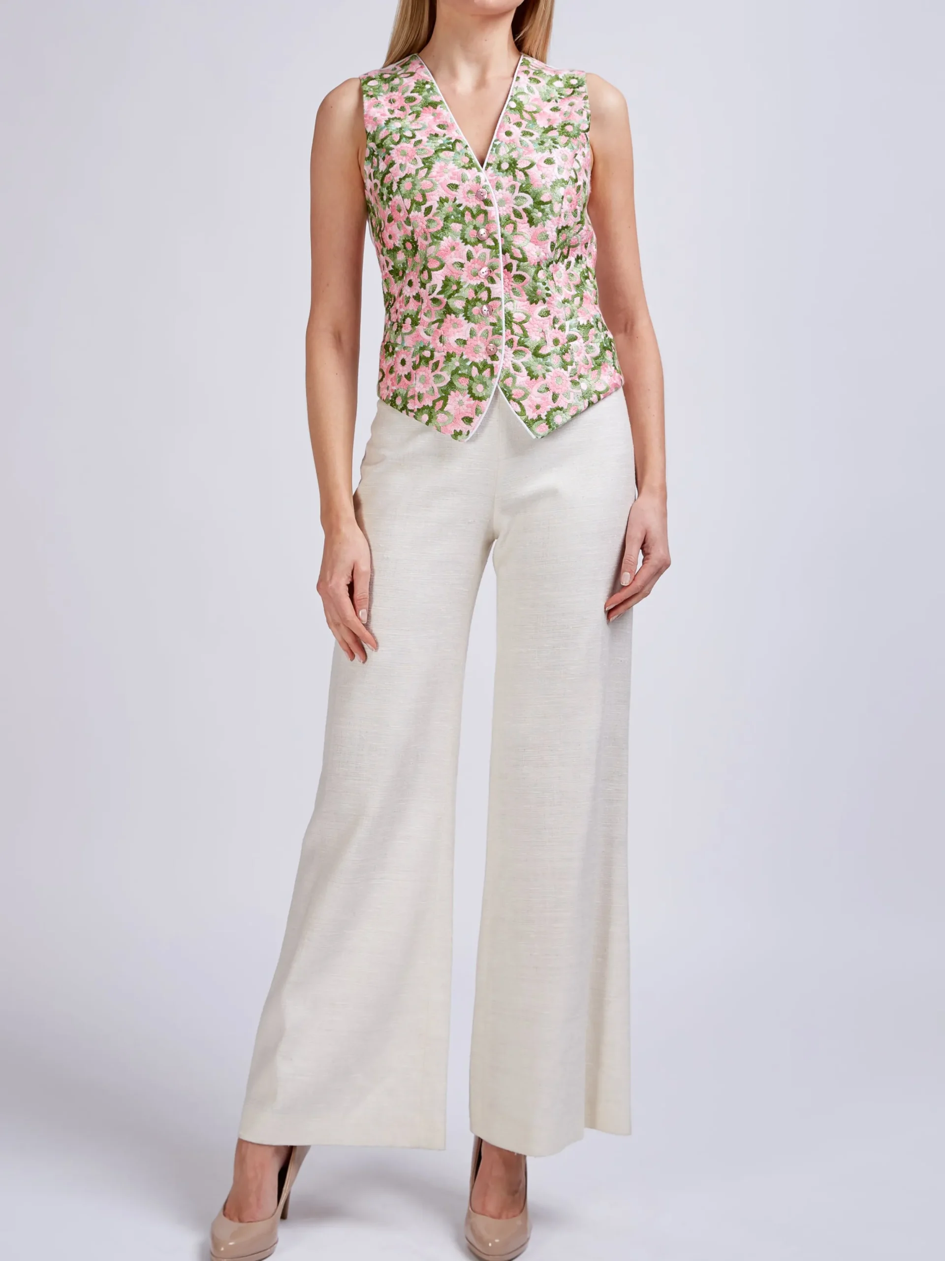 Favourbrook Waistcoat Single Breasted Ivory Multi Athens Cotton-Women Tops & Blouses | Waistcoats