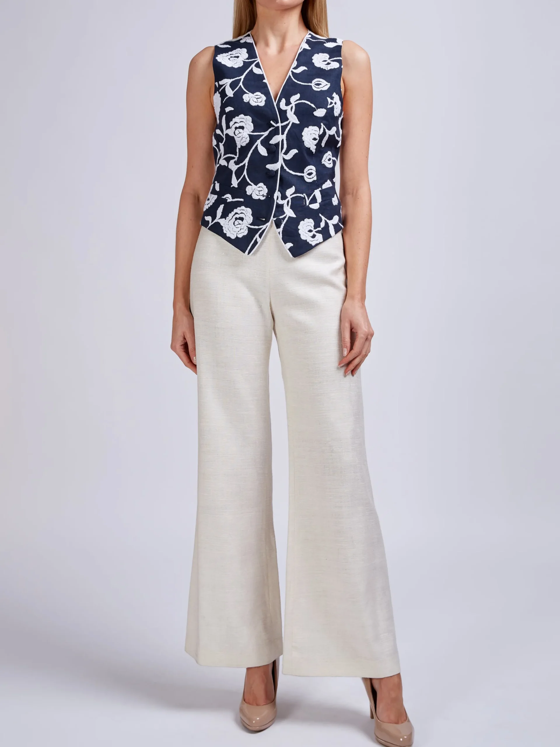 Favourbrook Waistcoat Single Breasted Navy Berlin Linen-Women Tops & Blouses | Waistcoats