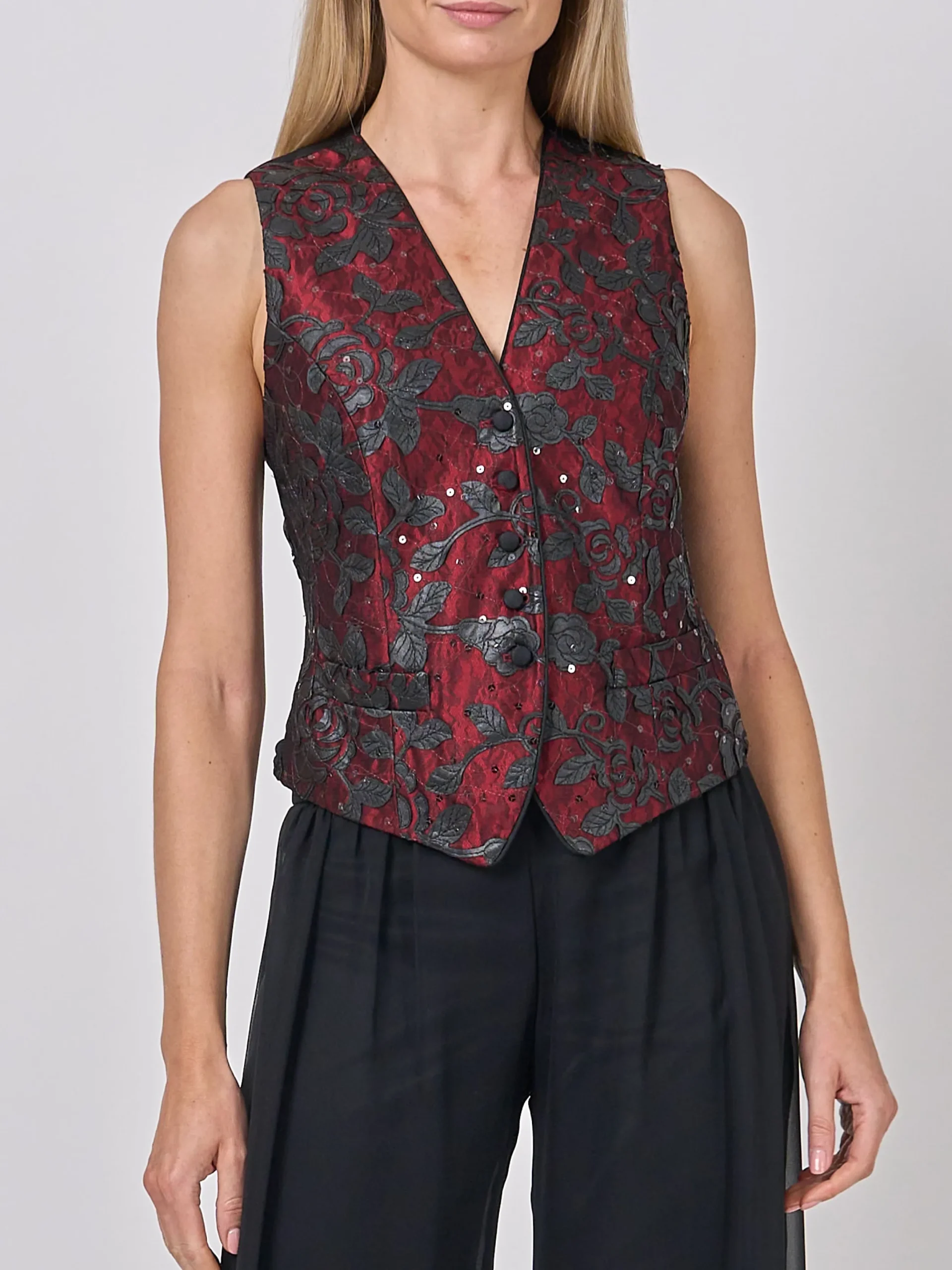 Favourbrook Waistcoat Single-Breasted Black Red Hellibore Silk Douppion-Women Eveningwear | Eveningwear