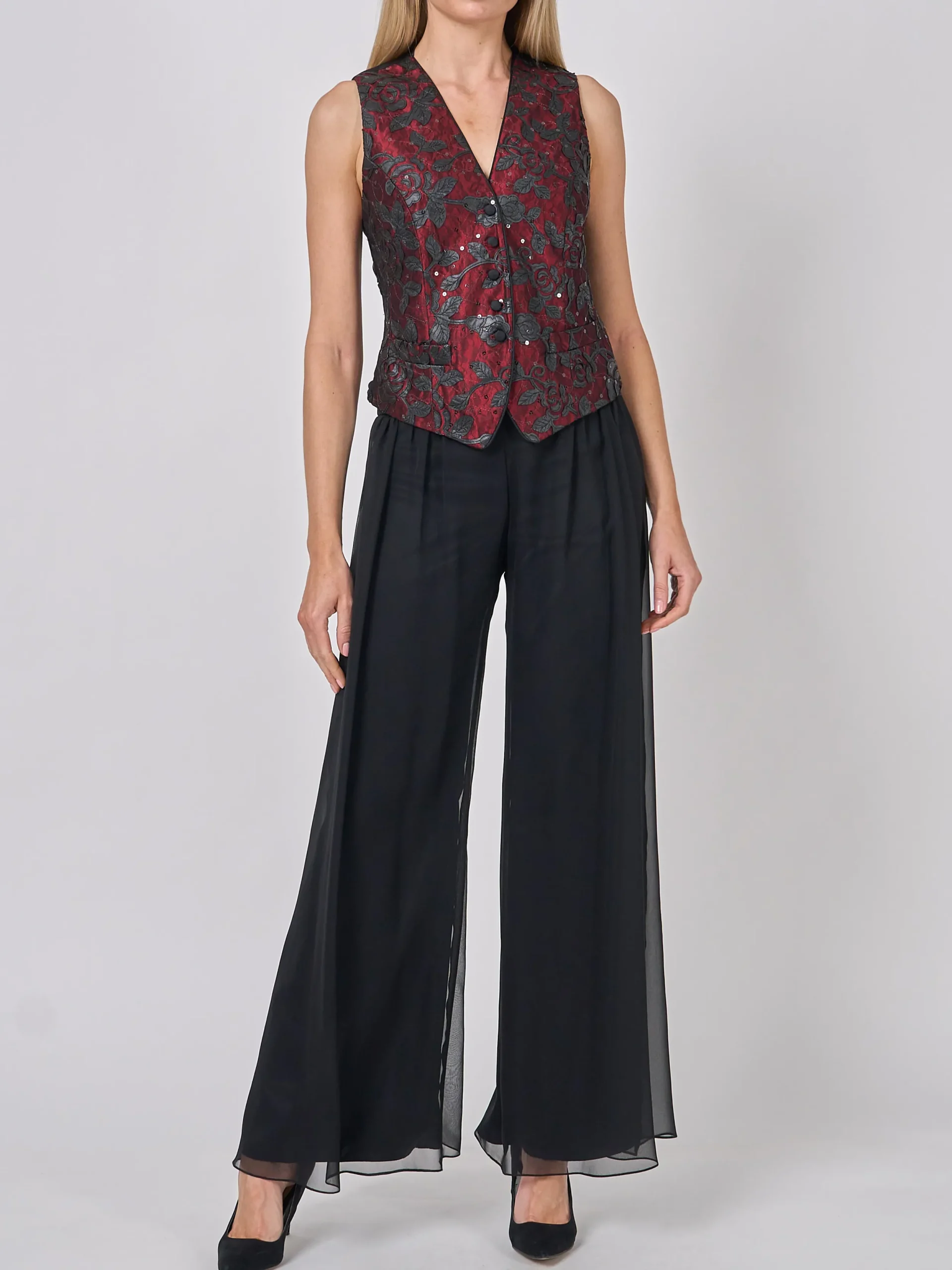 Favourbrook Waistcoat Single-Breasted Black Red Hellibore Silk Douppion-Women Eveningwear | Eveningwear