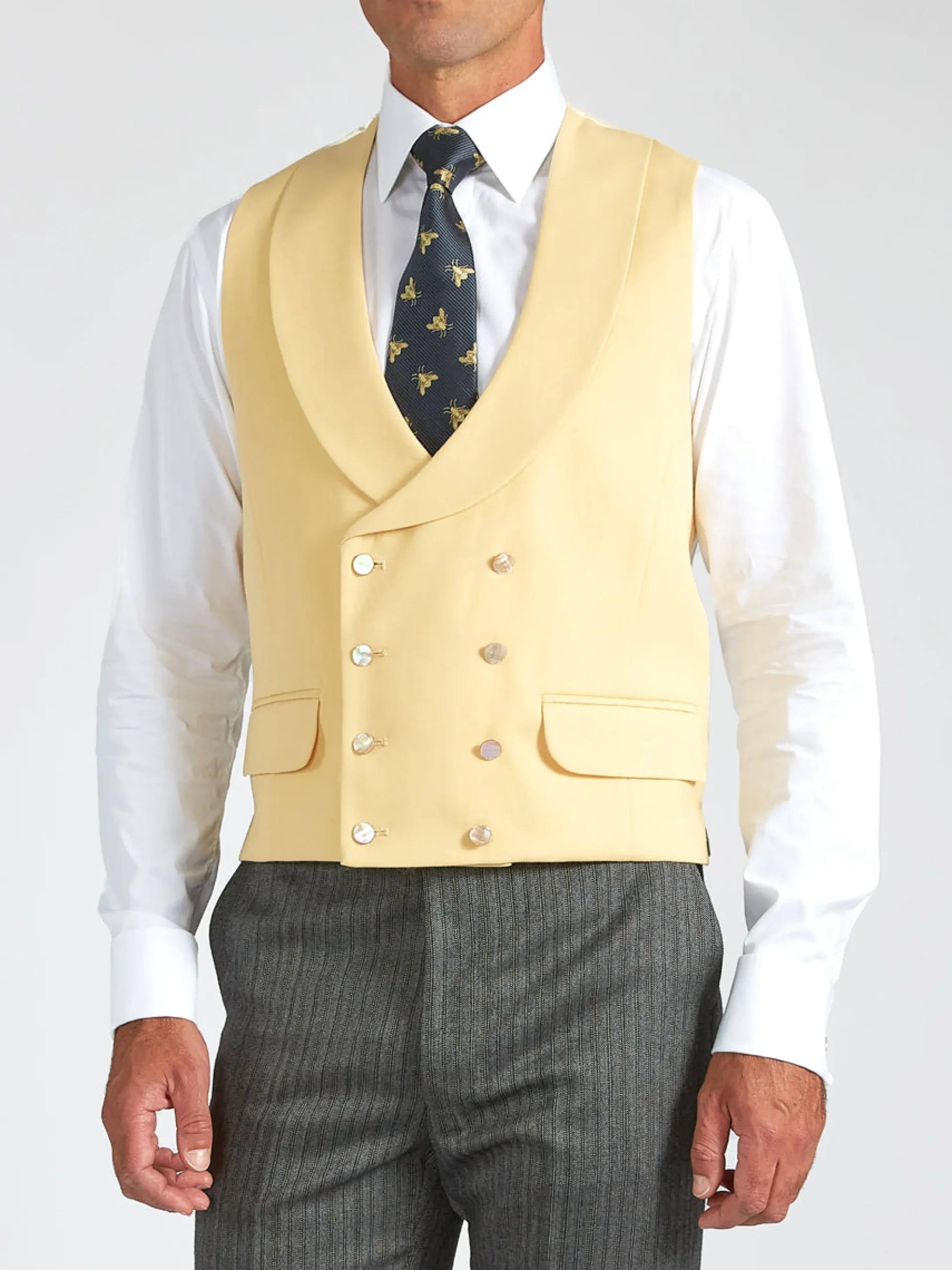 Favourbrook Yellow Gabardine Wool Double Breasted 8 Button Shawl Lapel Waistcoat- Groomswear | Waistcoats